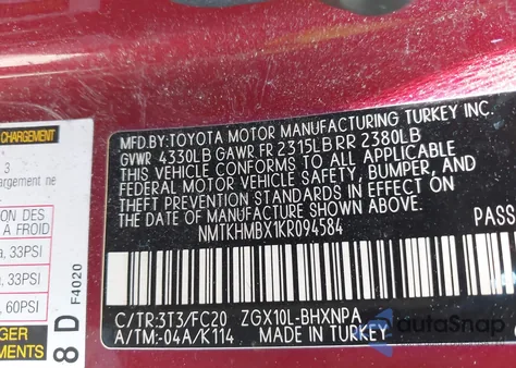 2019 Toyota C-Hr Le из США, поврежденный, VIN NMTKHMBX1KR094584